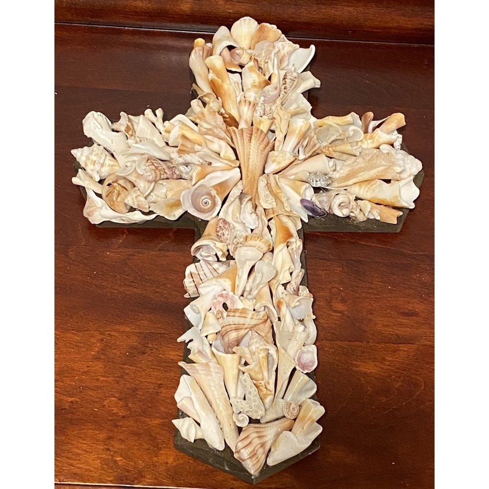 Hanging Handmade Sea Shell Crucifix Wood Cross 13" x 8.5" Jesus Christ‎